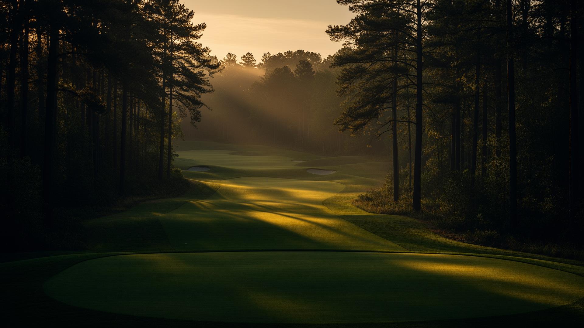 Misty forest-lined golf fairway at golden hour