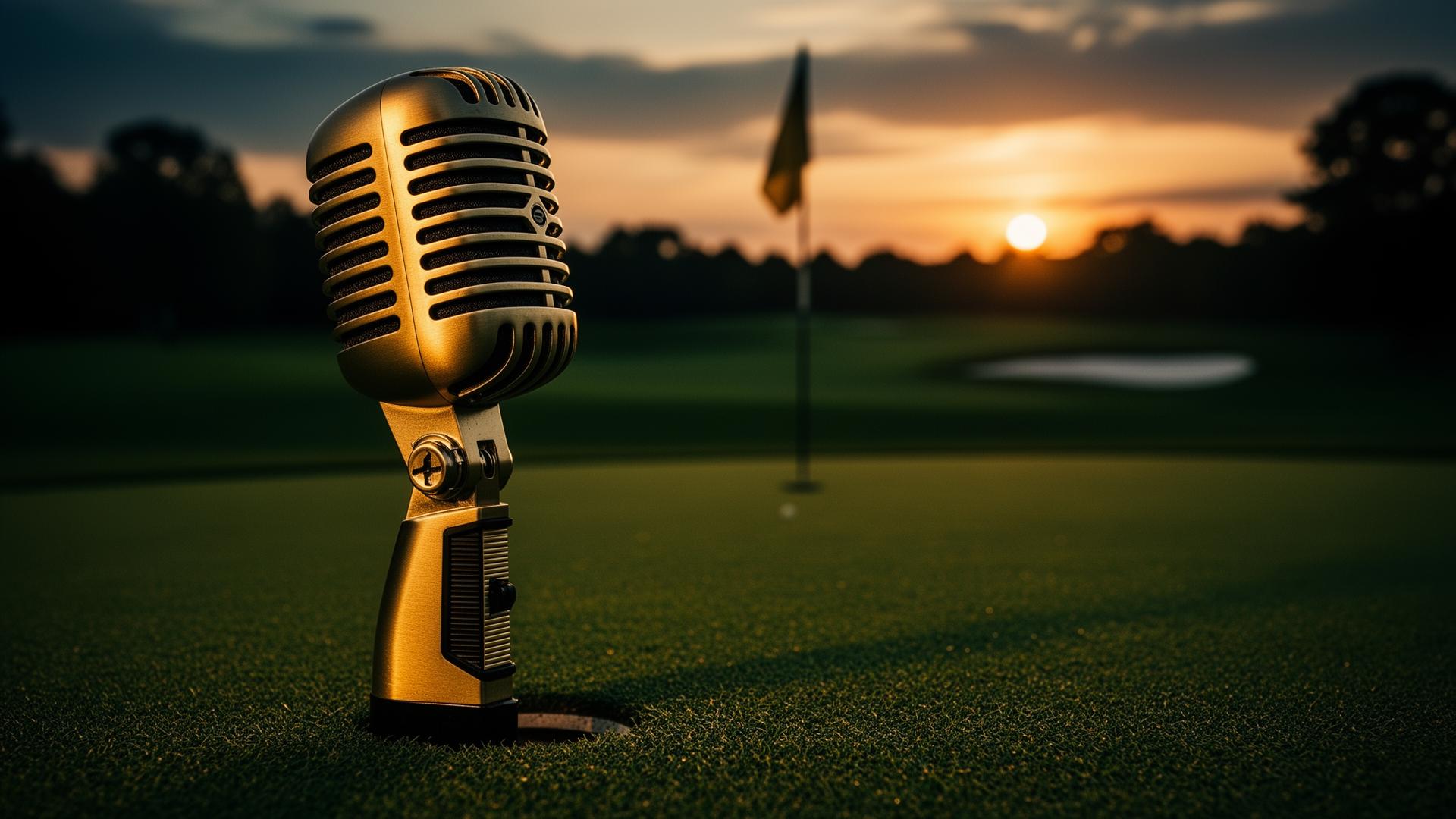 Vintage gold microphone on a golf green at sunset